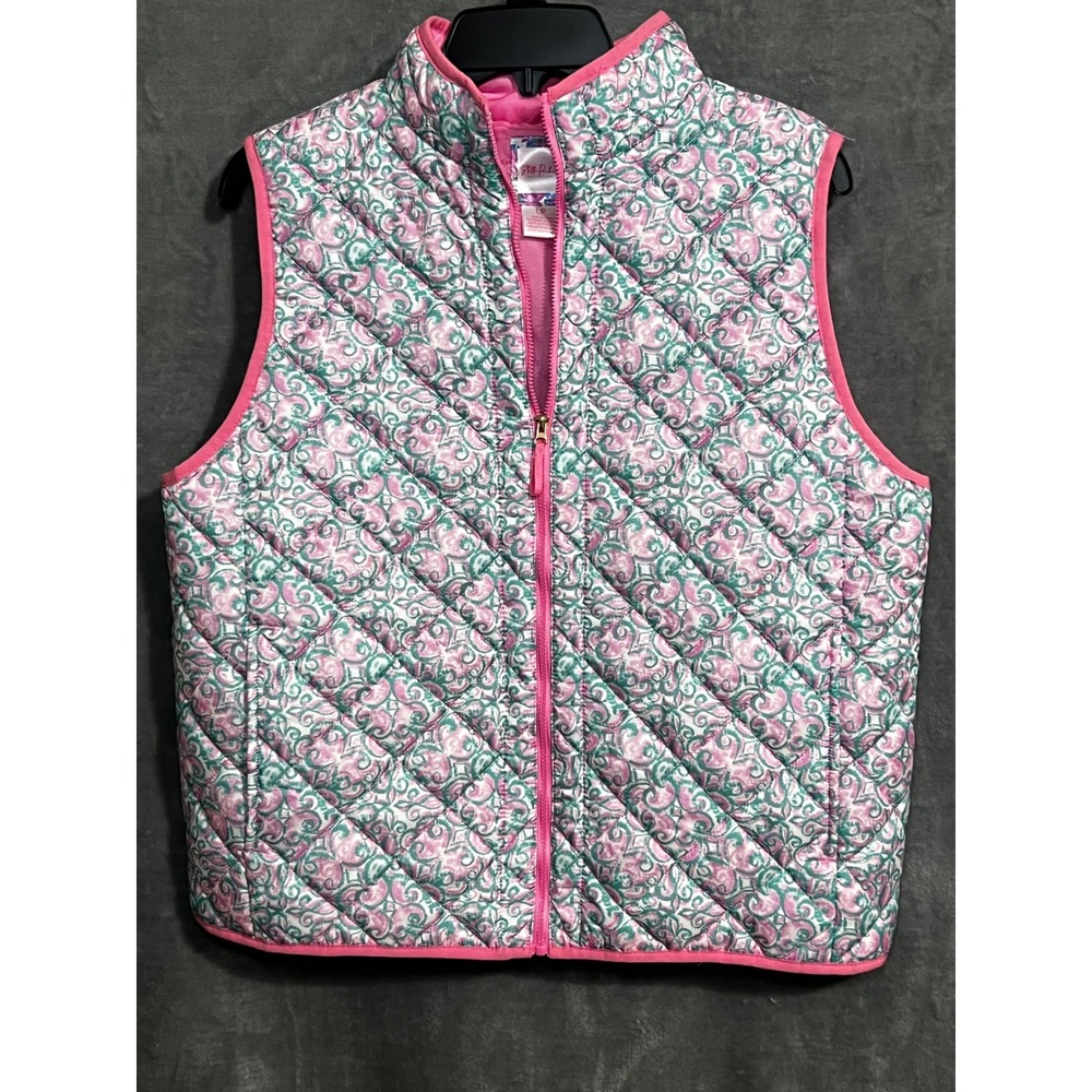 Stella Parker LP Pink Green Paisley Quilted Full Zip Vest Petite Large